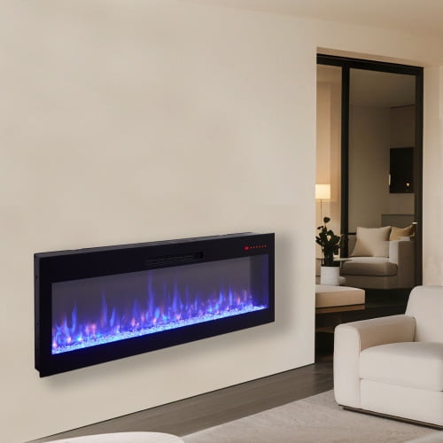 60 inch Smart Electric Fireplace, WiFi Enabled Wall Mounted and Recessed Fireplace Heater with 16 Color 3D Flame Effect, Voice Control and Remote, 1400W Supplemental Heating, Antique Black