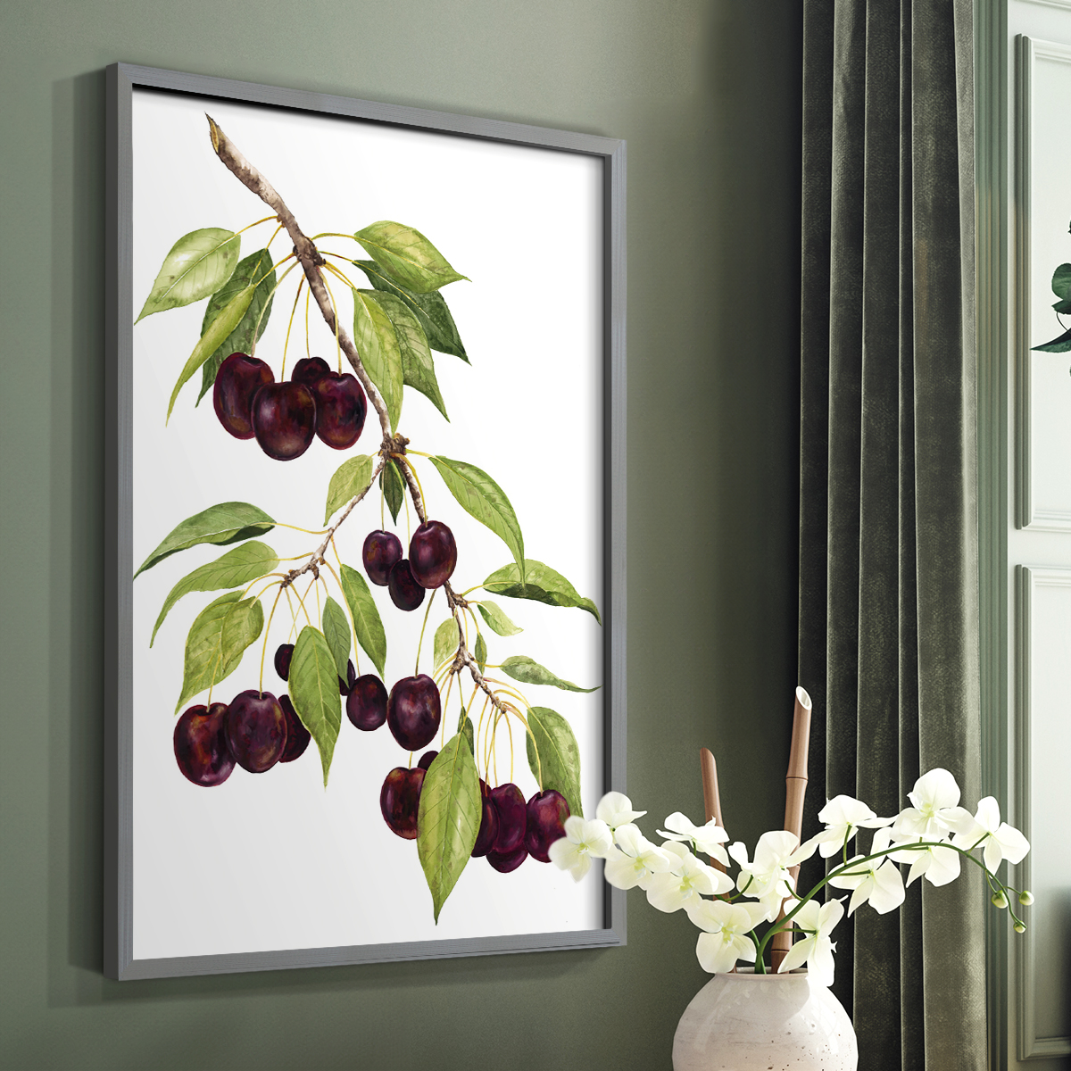 Watercolor Cherries Framed Print in Gray Solid Wood 8 x 10 Framed Print