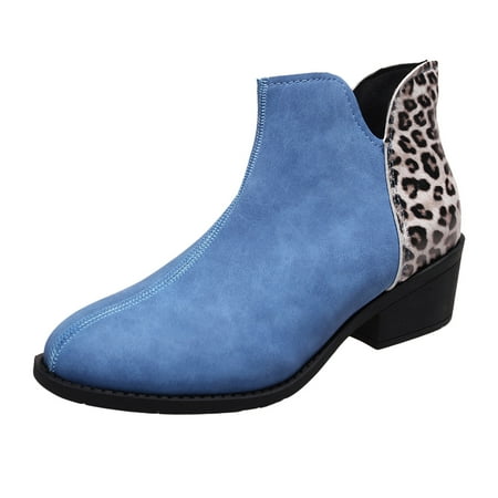 

Fashion Women Artificial Leather Leopard Print Autumn Thick Sole Square Heels Zipper Short Booties Round ToeShoes