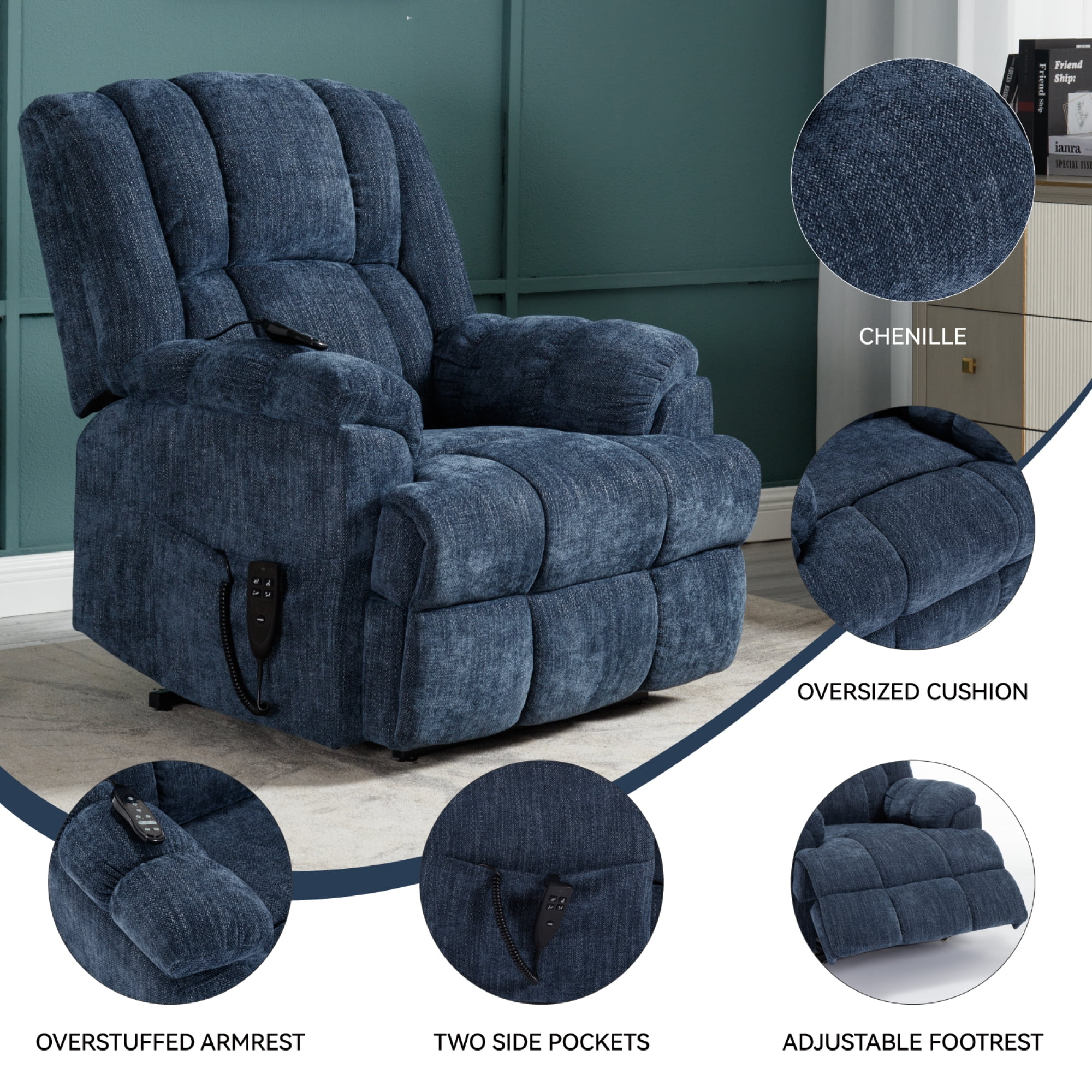 Leumius Large Power Lift Recliner Chair for Elderly,Heavy Duty Dual Motor Chenille Electric Recliners Chair with Massage and Heat for Living Room,Gray