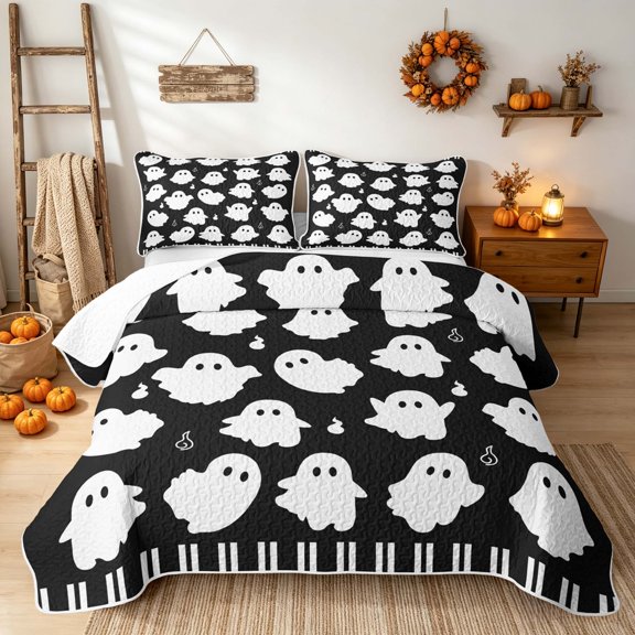 Erosebridal Cute Ghost Twin Quilt Set, Happy Halloween Twin Coverlet Set for Girls, Black White, 2-Piece 1 Bedspread and 1 Pillowcase