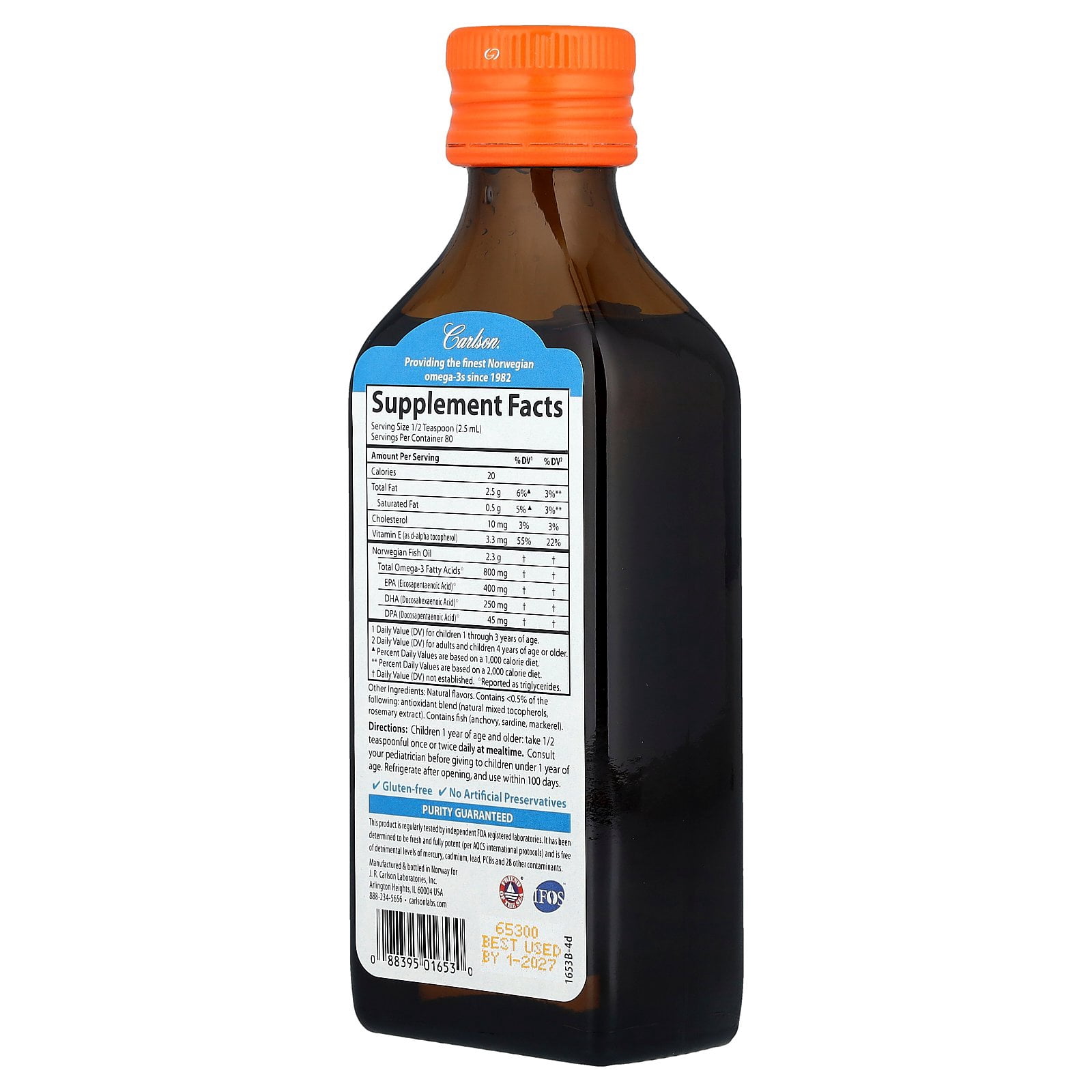 Carlson - Kid's The Very Finest Fish Oil, 800 mg Omega-3s, Norwegian, Wild Caught, Sustainably Sourced, Orange, 200 mL (6.7 fl oz)