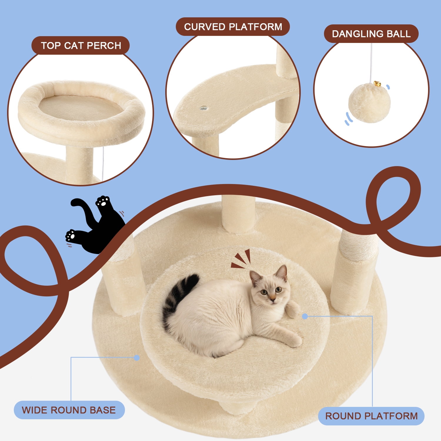 Amolife 55.5" Large Cat Tree and Tower with 5 Scratching Posts, Cat Perches for Indoor Cats and Kittens, Beige