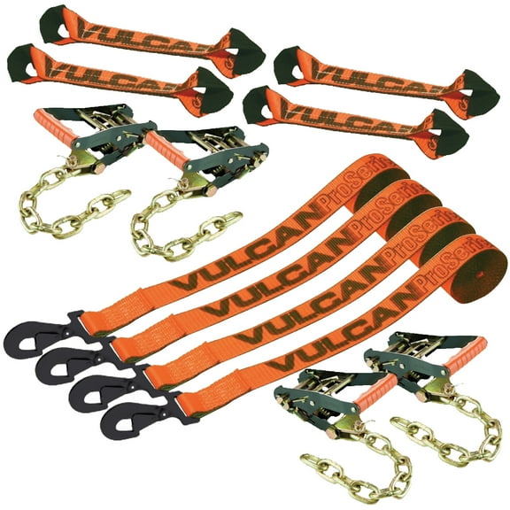 VULCAN 8-Point Roll Back Vehicle Tie Down Kit, Snap Hook on Strap Ends and Chain Tail on Ratchet Ends, Set of 4, PROSeries