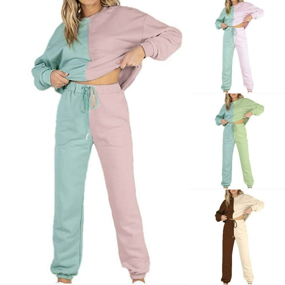 Two Piece Outfits for Women Long Sleeve Crewneck Sweatshirt Pullover Tops and Pants Sweatsuits Lounge Set with Pockets