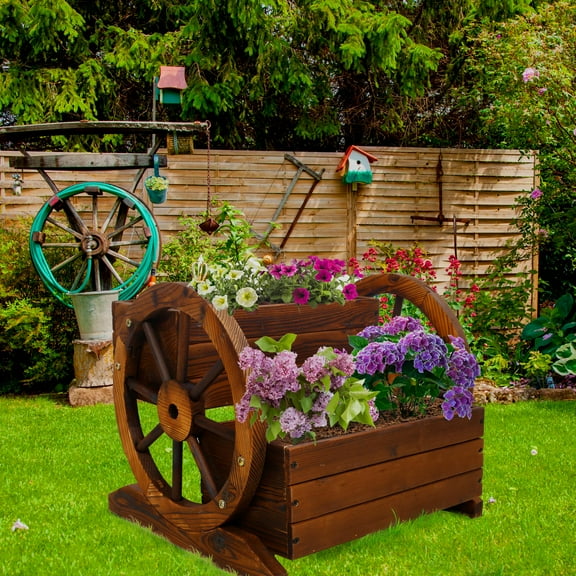 CASADEAR Wooden Wagon Planter Box, Wooden Flower Cart,Garden Planter with Wheels,Decorative Planter for Flowers Herbs Vegetables for Indoor & Outdoor Décor, for Patio Garden Balcony Decoration