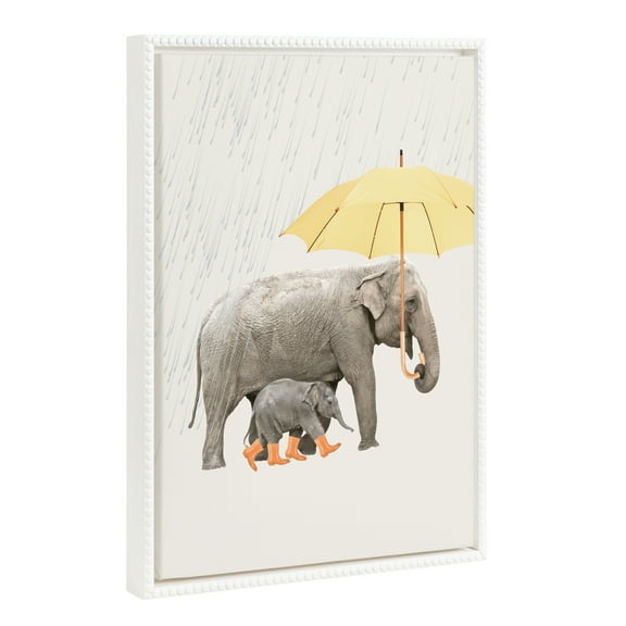 Kate and Laurel Sylvie Beaded Under the Rain Vintage Framed Canvas Wall Art by July Art Prints, 18x24 White, Cute Elephant Wall Decor