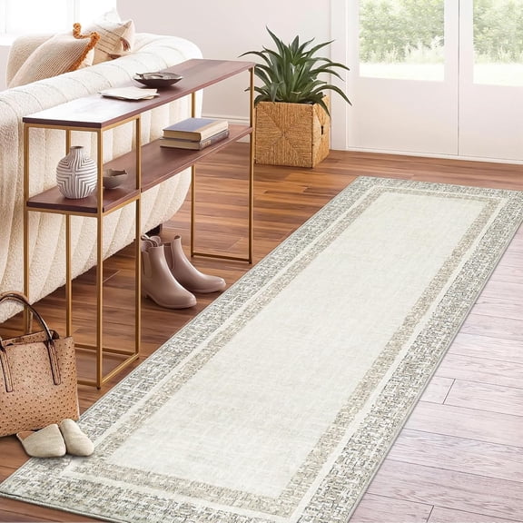 Washable Runner Rug 2x6 Modern Bordered Soft Non-Slip Rugs for Bedroom Low-Pile Stain Resistance Indoor Carpet Non Shedding Rug for Kitchen Bathroom, Beige