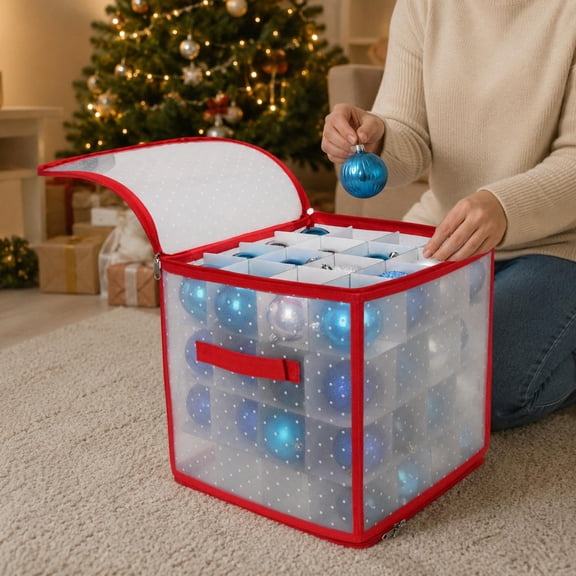 Northlight Transparent Zip Up Christmas Storage Box - 12.5" - Holds 64 Ornaments - Red and Clear