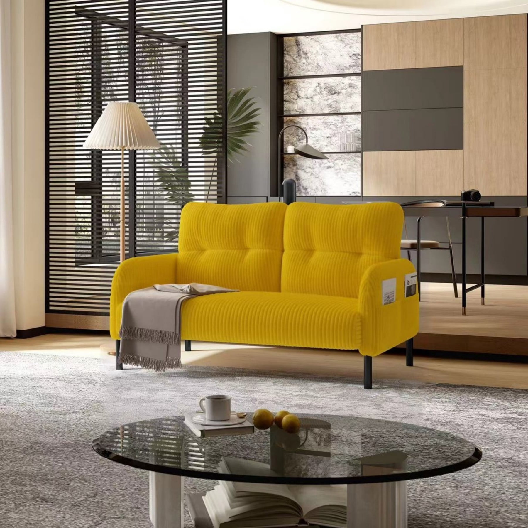Corduroy Loveseat Sofa, Modern Upholstered Double Sofa Couch with Side Pockets for Living Room Bedroom Apartment, Yellow