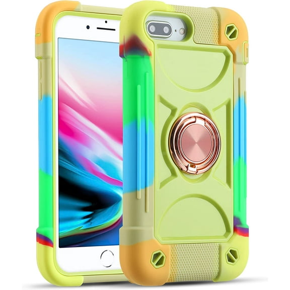 Compatible with iPhone 6 Plus/6S Plus Case,iPhone 7 Plus case/iPhone 8 Plus Case 5.5 Inch with Ring Stand, Heavy-Duty Military Grade Shockproof Phone Cover. (Rainbow Green)