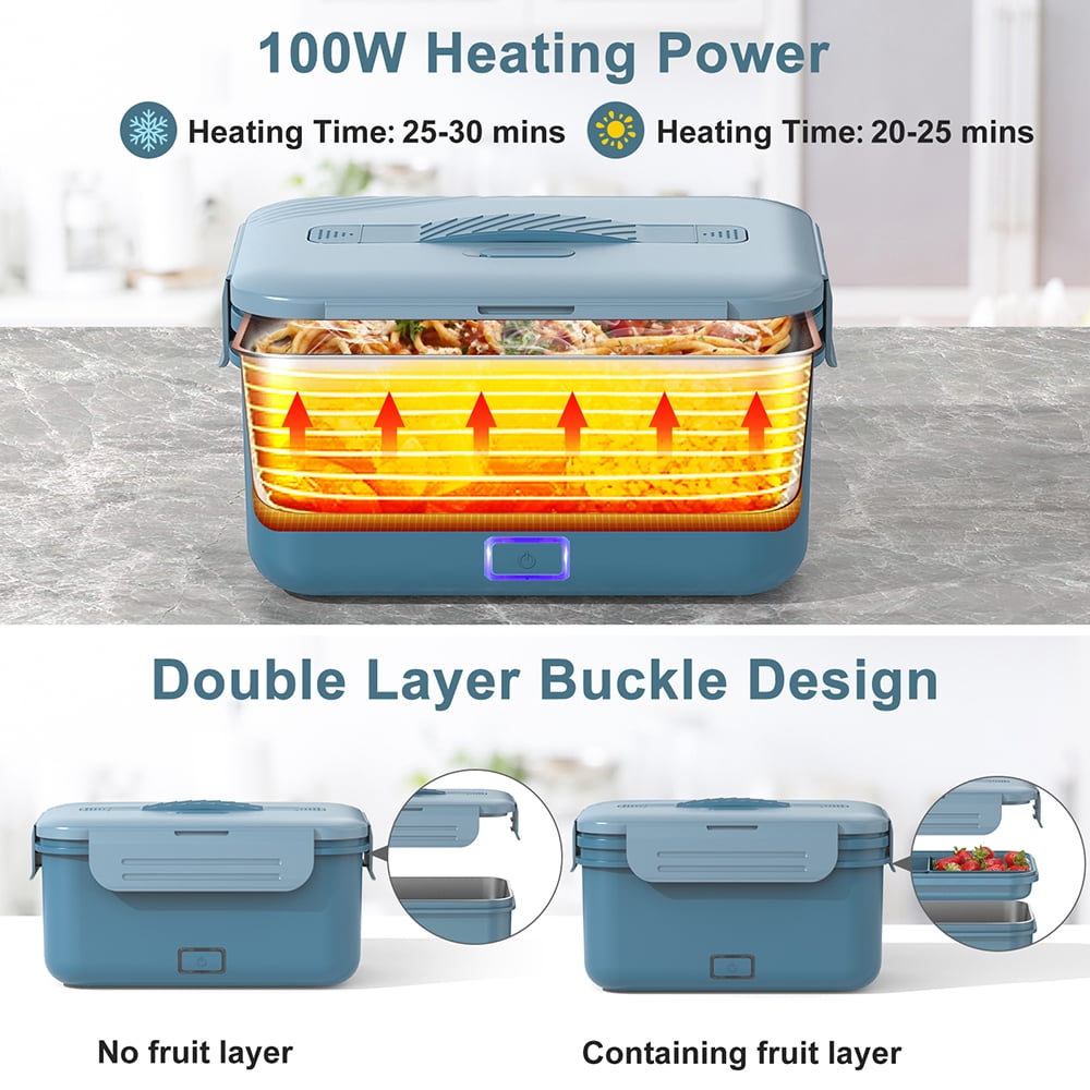 Vabaso Electric Lunch Box Food Heater, 1.8L/61oz Heated for Adults Car/Truck Home/Work, 60/80/100W Warmer Heating with Removable Stainless Steel Container, 12V/24V/110V220V Blue