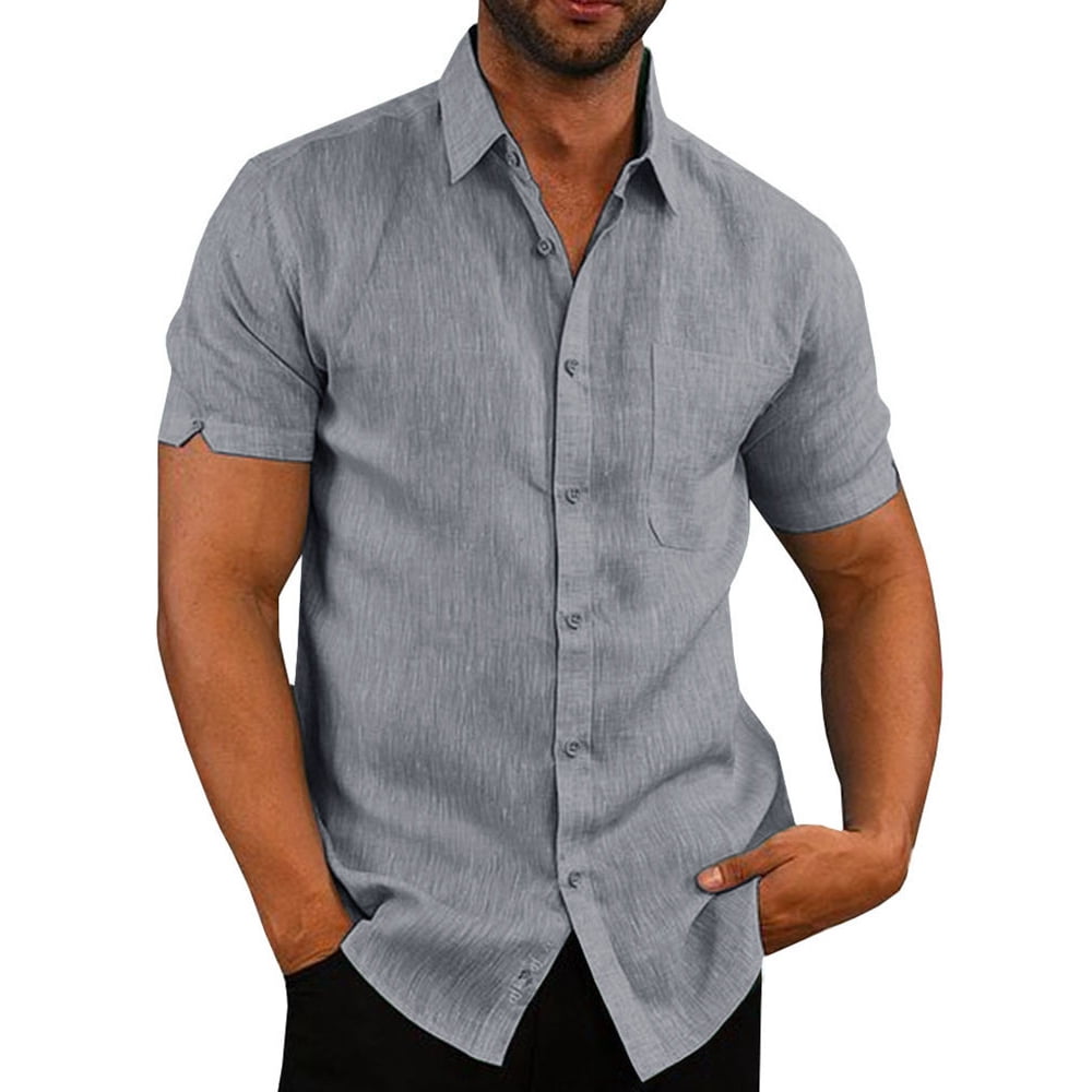 Mens Short Sleeve Shirts Button Down Tops Beach Linen Fishing Tees