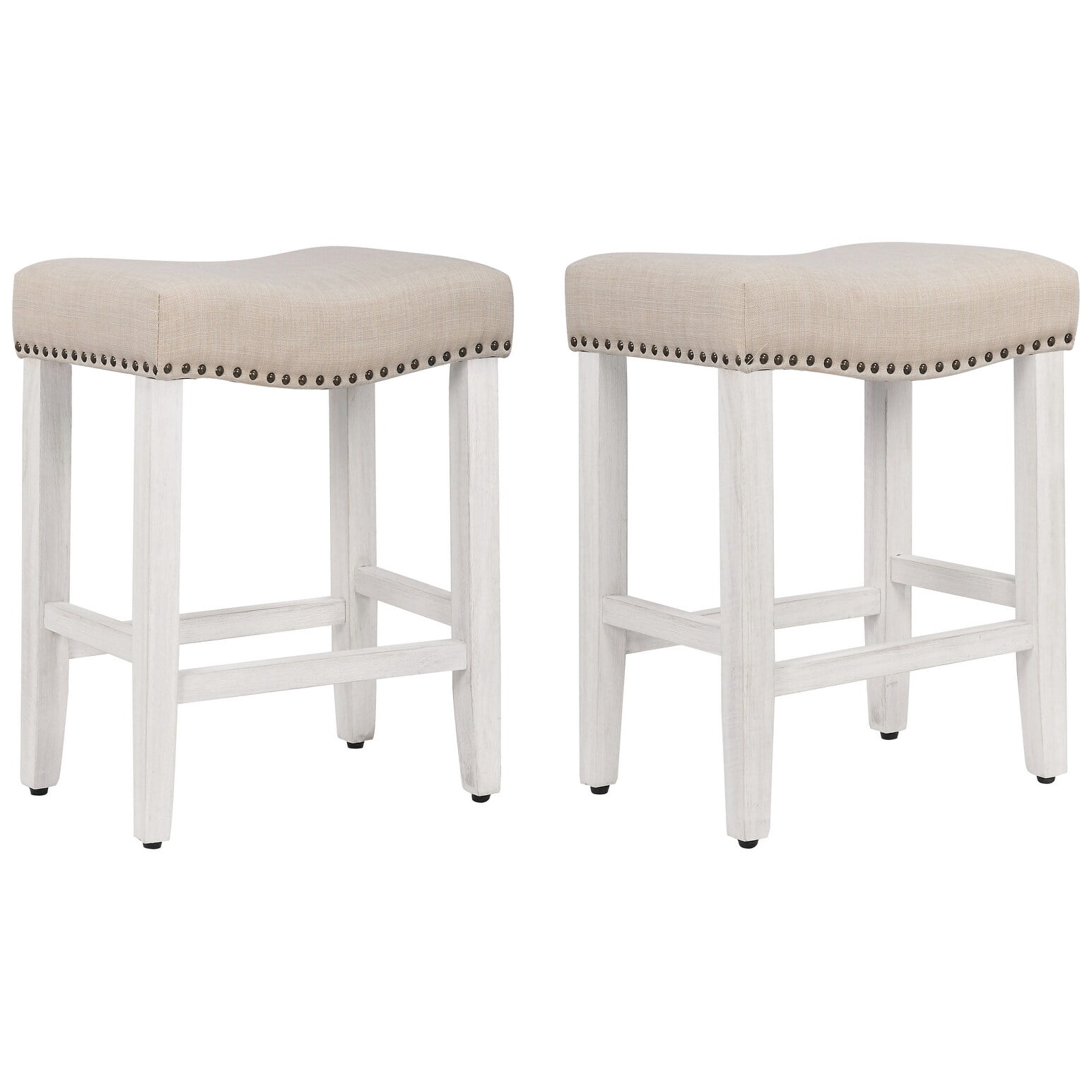 GRANDVILLE 24" Upholstered Bar Stool with Nail Head Trim (Set of 2), Antique White/Beige