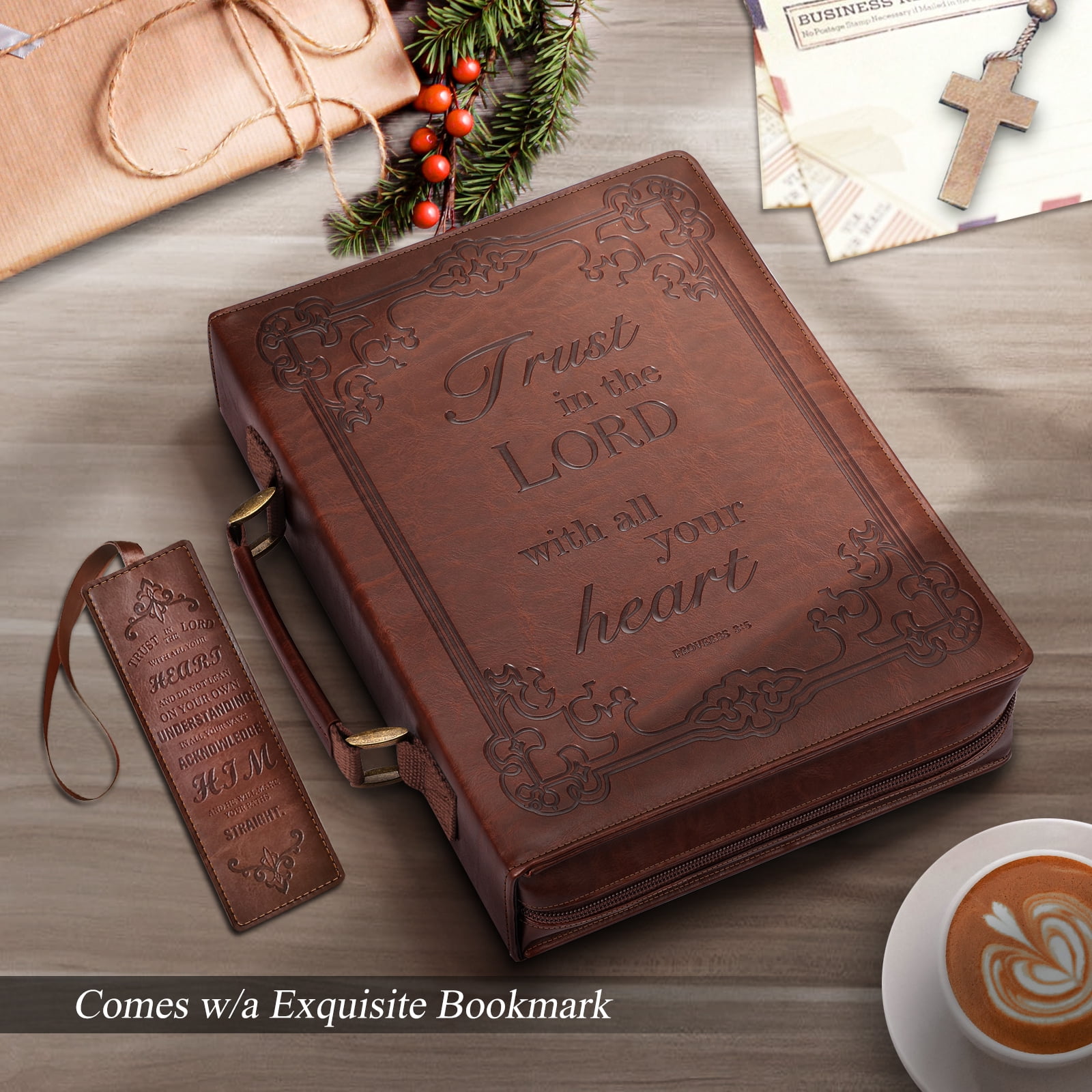 Classic Bible Cover, FINPAC Large PU Leather Carrying Book Case Church Bag Bible Protective with Handle, Perfect Gift for Women, Lady, Mother, Friends [Trust in The Lord], Brown