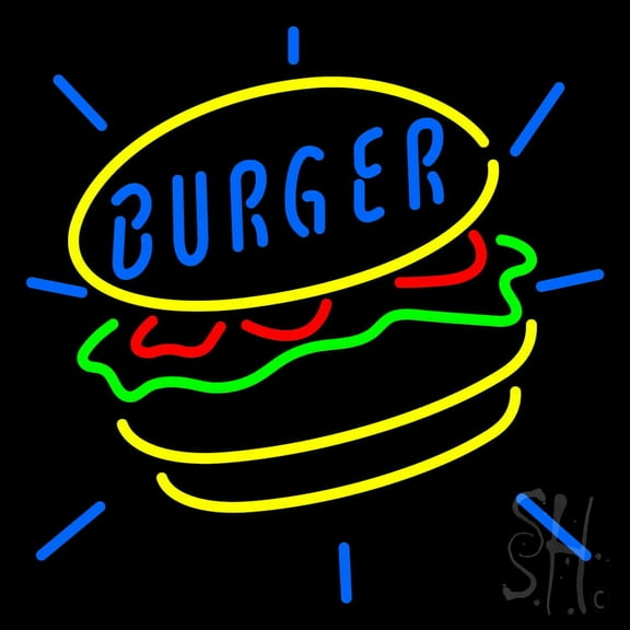 Burger LED Neon Sign 16 x 16 - inches, Clear Edge Cut Acrylic Backing, with Dimmer - Bright and Premium built indoor LED Neon Sign for restaurant window and interior decor.