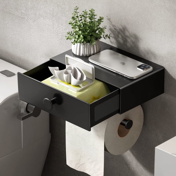 Soporte para papel higiénico Voldra con estante, dispensador de toallitas negras