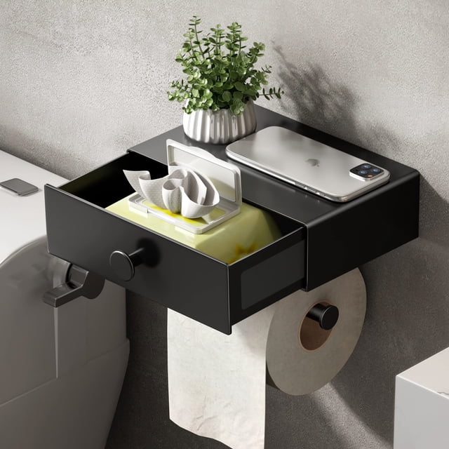 Soporte para papel higiénico Voldra con estante, dispensador de toallitas negras