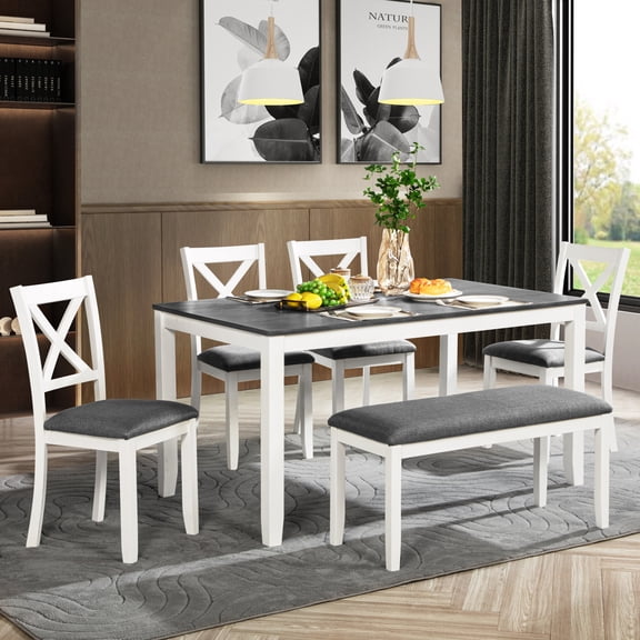 Leumius 6 Pieces Dining Table Set,Wood Dining Table Set with 4 Upholstered Chairs and a Bench,Modern Kitchen Table Set for 6 Person,White Gray