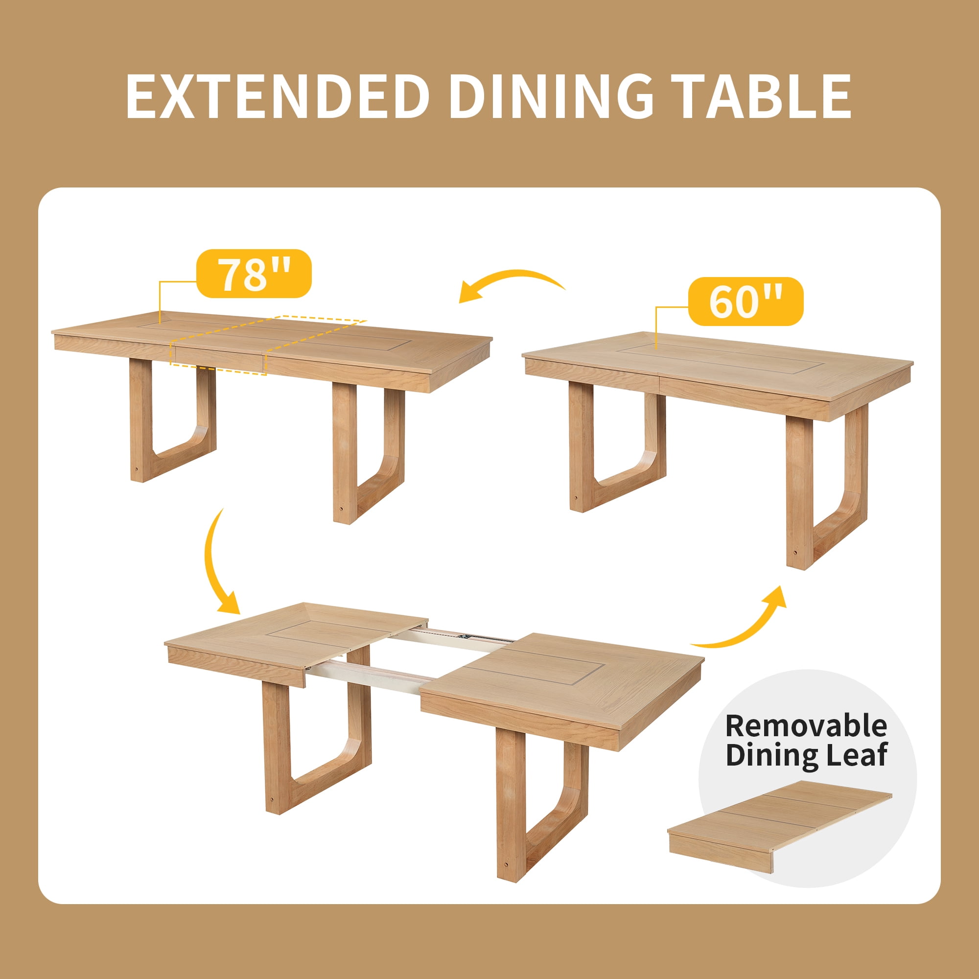 Euroco 7-Piece Wooden Dining Table Set,78" Extendable Dining Table & Chairs Set with 18" Leaf for 6-8,Farmhouse Kitchen Table Set for Dining Room,Natural