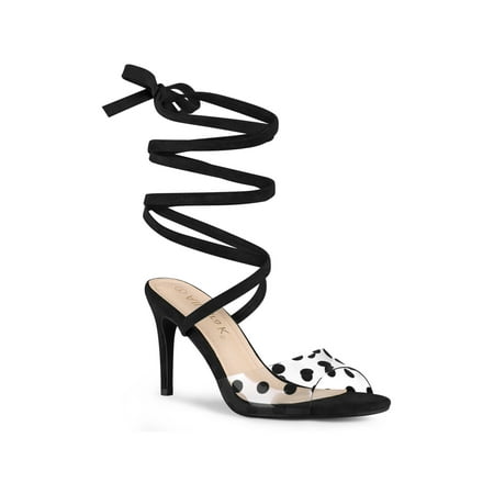 

Allegra K Women s Sandals Stiletto Heels Polka Dots Clear Strap Lace up Sandals
