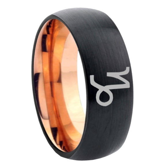 Capricorn Zodiac Dome Black And Rose Gold Tungsten Ring 10MM