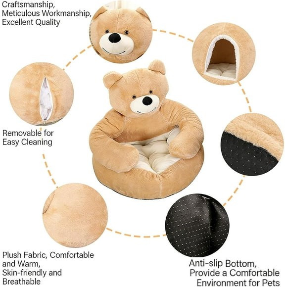 Acurrucador para Mascotas Que Alivia la Ansiedad, Sofá para Perro con Diseño de Oso de Peluche Abrazando, Nido Acogedor y Cálido para Dormir con Reposabrazos, Tapete Antideslizante Lavable para Cacho
