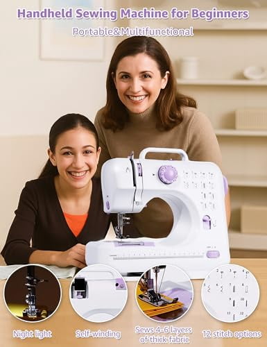 Sewing Machine for Beginners - Portable Electric Hand Mini Sewing Machine 12 Built-In Stitches with 2 Speed Foot Pedal Small Handheld Maquina de Coser Purple
