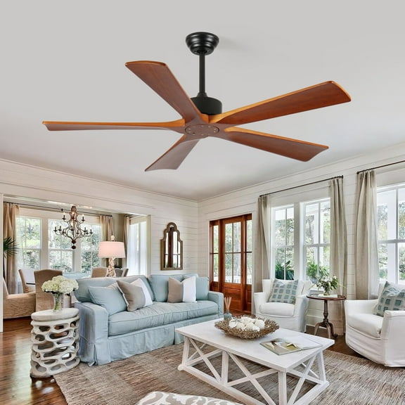 60 Inch Wood Ceiling Fan with Remote, 5 Blades Quiet DC Motor, 6-Speed Reversible with 1/4/8H Timer, Indoor/Outdoor for Living Room Bedroom Patio, Sloped Ceiling Mount Ready