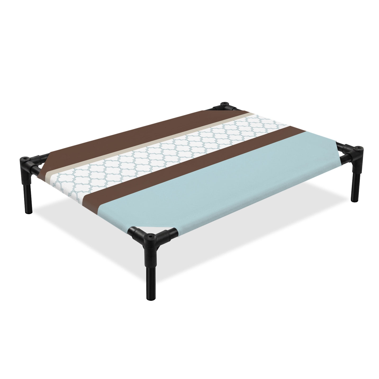 Abstract Blue Elevated Dog Bed Brown Stripes Moroccan Geometric Modern Retro Cooling Breathable Outdoor Raised Dog Cot Bed with Metal Frame Non-Slip Feet for Medium Dog 24x20in