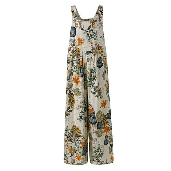 Komoo Female Plus Sizes Jumpsuit Adult Leaf Floral Print Sleeveless Pockets Overalls (Size XXXL)
