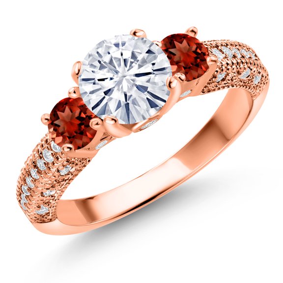 Gem Stone King 18K Rose Gold Plated Silver White Moissanite and Red Garnet Engagement Ring for Women (2.02 Cttw, Gemstone, Round 7MM and 4MM, Size 7)