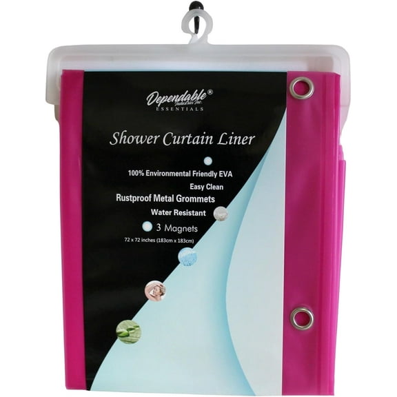 Dependable Industries Inc. Essentials EVA Shower Curtain Liner - Water-Resistant, Rustproof Metal Grommets, 3 Magnets Bottom, Easy Clean, 72" x 72" Size (Hot Pink)