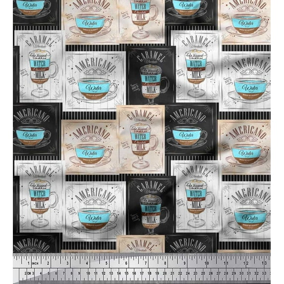 Soimoi Green Silk Fabric Caramel & Americano Coffee Beverages Print Fabric by the Yard 42 Inch Wide