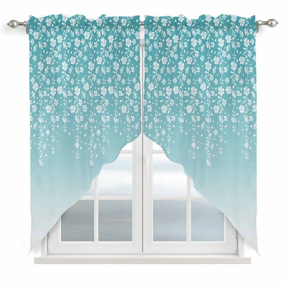 Weeping Flowers Kitchen Window Curtains, Swag Curtains Valance for Bedroom Living Room Bathroom, Teal Ombre Spring Floral Botanical Art Rod Pocket Window Curtain Block Drapes 2 Panels 28"x36"