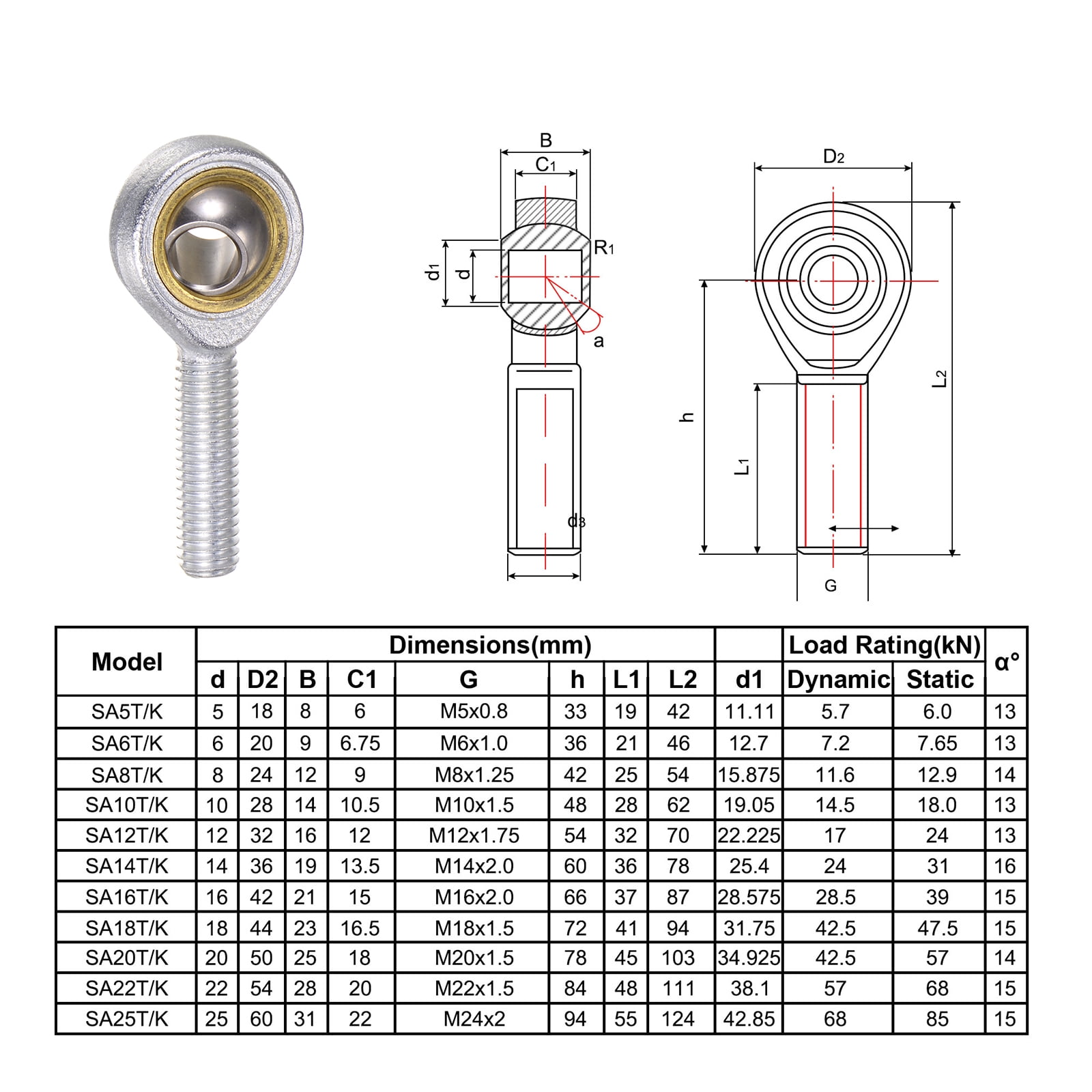 Unique Bargains Male Rod End Right Hand Thread Self-Lubricating Joint Rod Ends 54mm