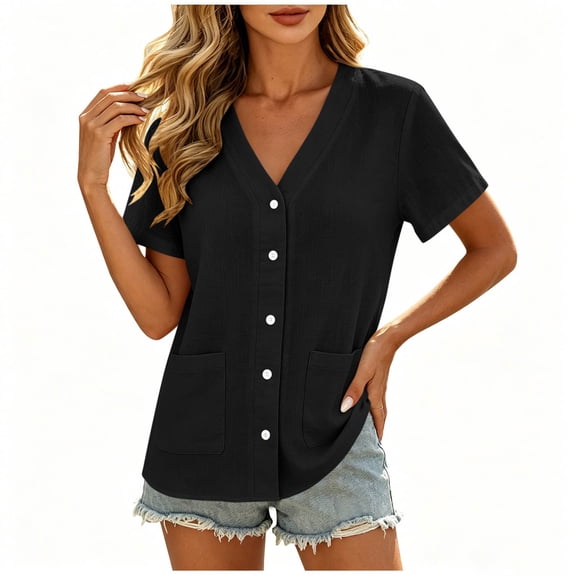 cocolona Womens Summer Linen Tops Dressy Casual Trendy Blouses Short Sleeve V-Neck Button Shirts with Pockets