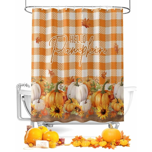Fall Shower Curtain Hello Pumpkin Bathroom Curtains with Hooks, Waterproof Fabric Maple Leaf Yellow Plaid Thanksgiving Bath Shower Curtains Set for Bathroom Bathtubs Decor 72x84 Inch