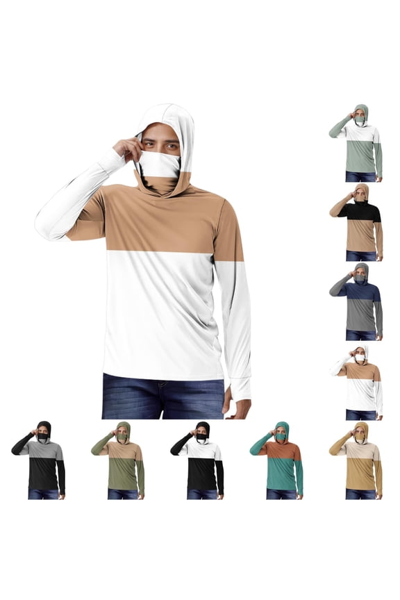 Athletic Jackets UPF 50+ for Men,Long Sleeve Striped Lightweight Hooded Sun Protection Shirts with Face Cover White L