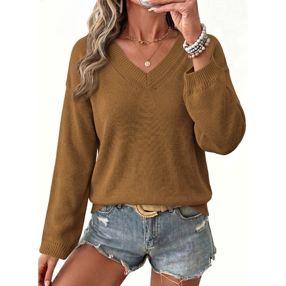 DOKOTOO Sweaters for Women V Neck Long Sleeve Crochet Knit Pullover Lightweight Sweater Drop Shoulder Casual Fall Winter Tops S-2XL
