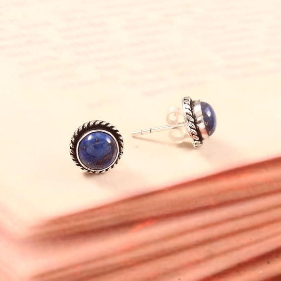 Lapis Lazuli Stud Earrings – 925 Sterling Silver Natural Lapis Lazuli Gemstone Round Studs for Women, Handmade Boho Blue Stone Jewelry Gift