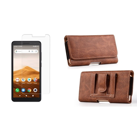 Bemz Holster Bundle for Alcatel Apprise (Cricket Wireless): PU Leather Phone Carrying Belt Holster Pouch Case (Cards Slot/Coins Holder) with Tempered Glass Screen Protector - Brown