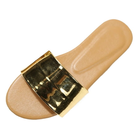 OJSFQUFP Sandals for Women Ladies Fashion Summer Solid Color Bright Leather Open Toe Flat Beach Sandals Soft Sole Outdoor Beach Shoes Non Slip Slippers Women Gold 42