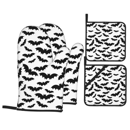 

Oven Mitts and Pot Holders 4 pcs Set black bat white cool Heat Resistant Pot Holders Oven Mitts for kitchen Non-Slip Hanging Loop Oven Glove Potholders for Baking Cooking