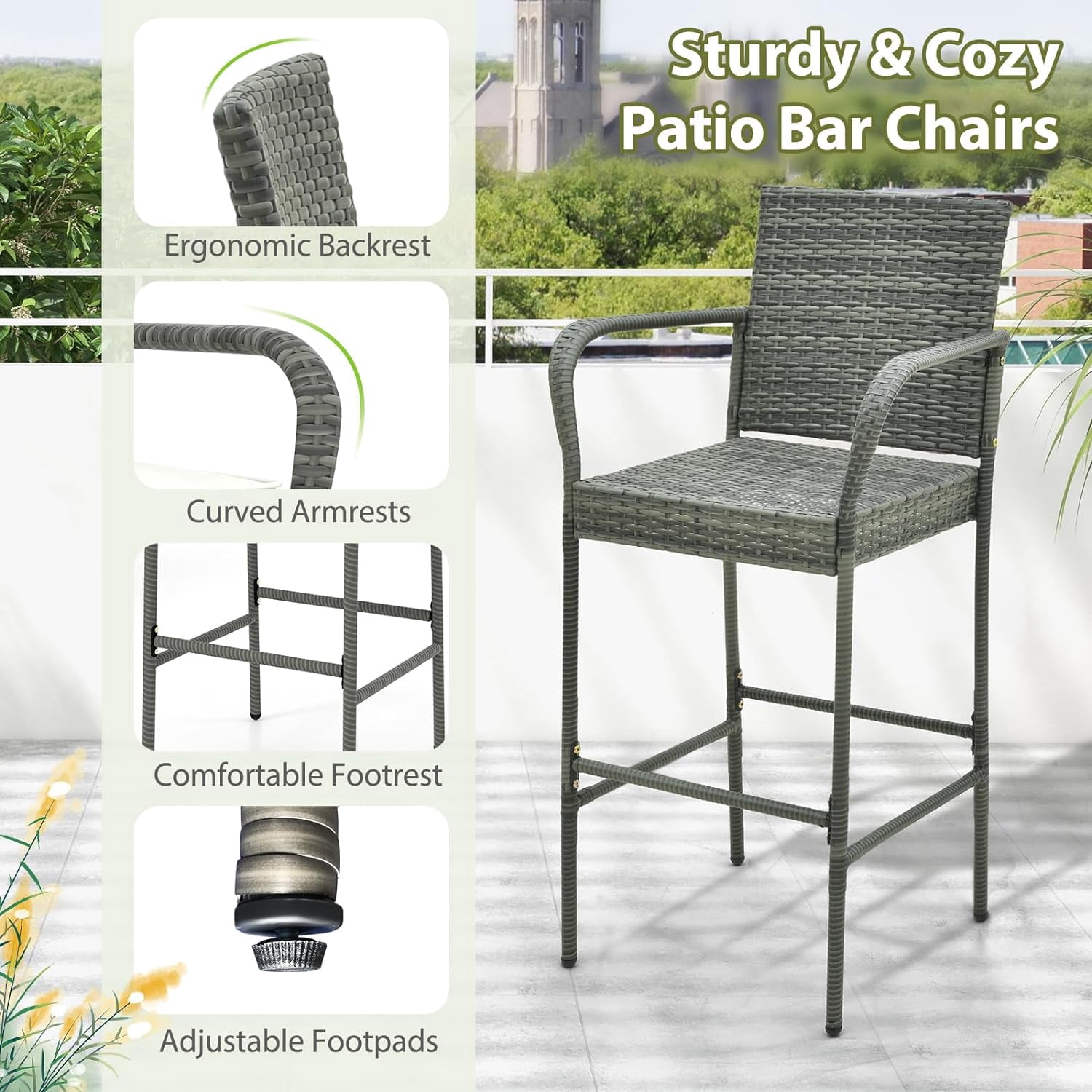 2 Pcs Outdoor Wicker Rattan Patio Bar Stools Counter Bar Height Chairs,Cushions,Mix Gray