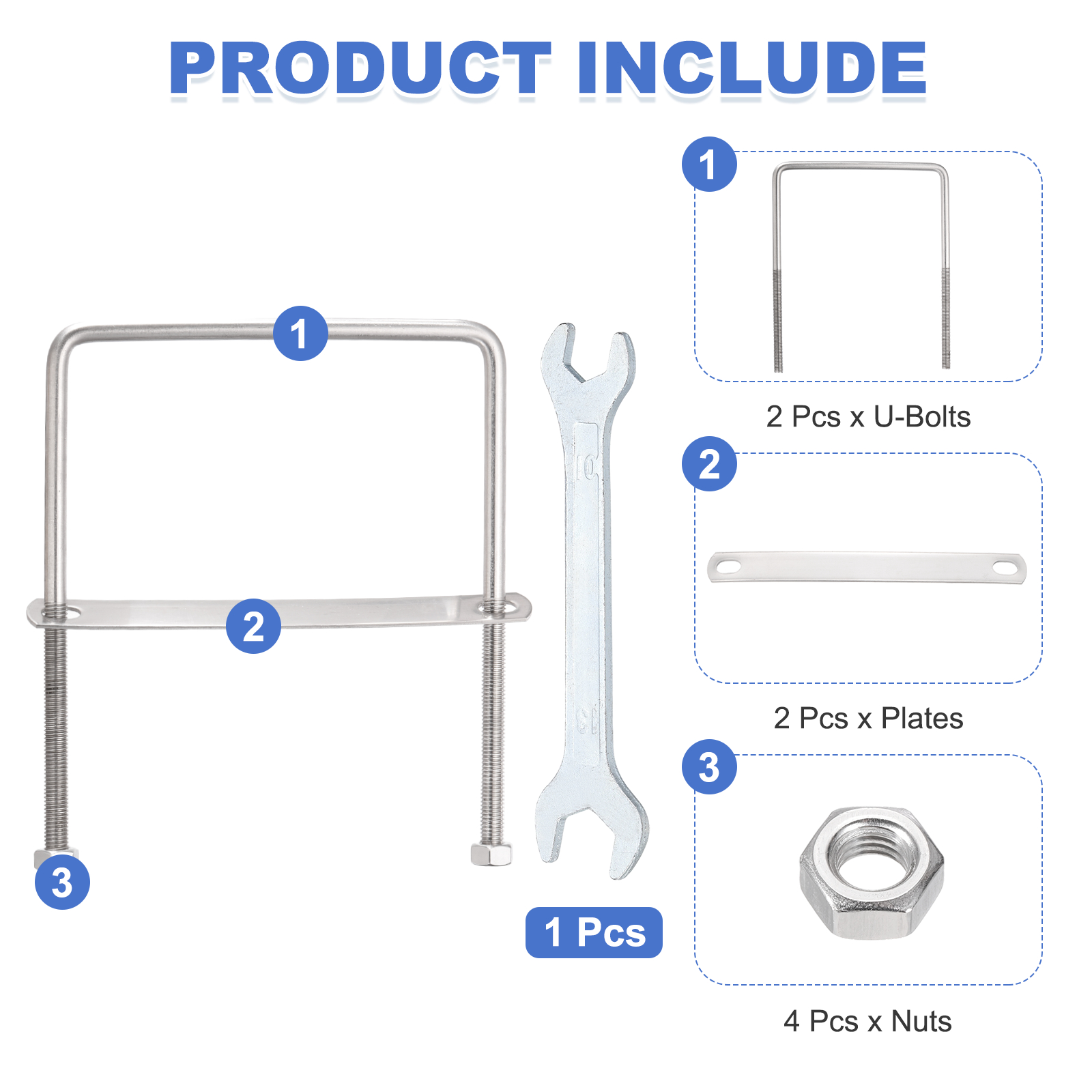Uxcell 2 Sets M10 Square U-Bolts, 5.94" Inner Width 7.87" Length 304 Stainless Steel U Clamp Bolts with Nuts, Plates and Wrench