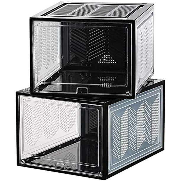Stackable Shoe Box Organizers Shoe Storage Containers Shoe Boxes with Lids  Large Plastic Shoe Display Cases Bins Racks Up to Size 12.5 Sneakers High  Heels Magnetic Door Black & Clear 2 Pack 