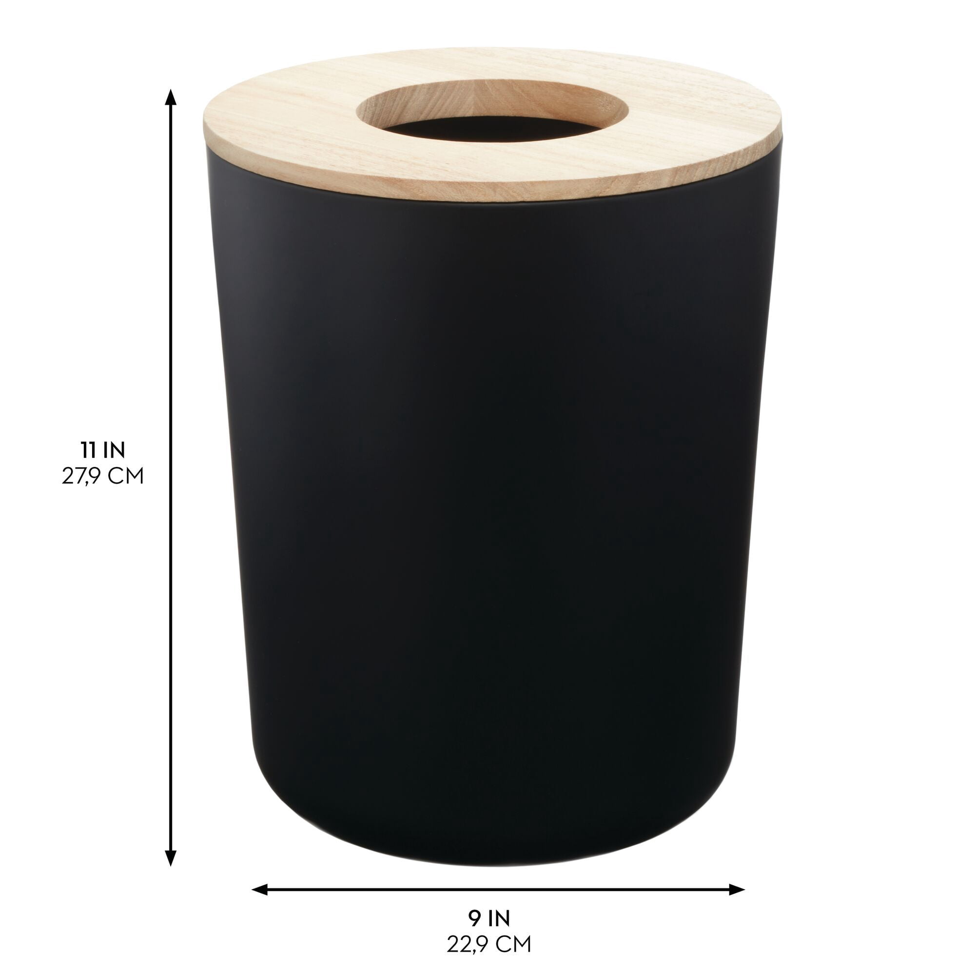iDesign Bathroom Vanity Trash Can, 2.2 Gallon Round Steel and Wood Lid Garbage Bin, Black