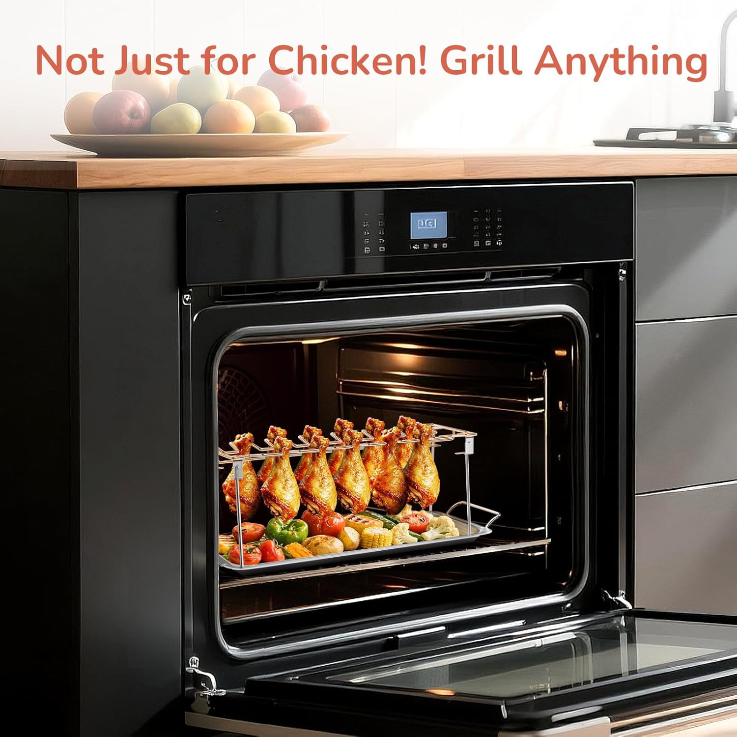 14-Slot Chicken Leg Rack for Grill & Wings - Premium Stainless Steel Foldable Roasting Rack with Detachable Drip Pan, Dishwasher-Safe BBQ Accessories for Oven, Grill, Camping, Parties