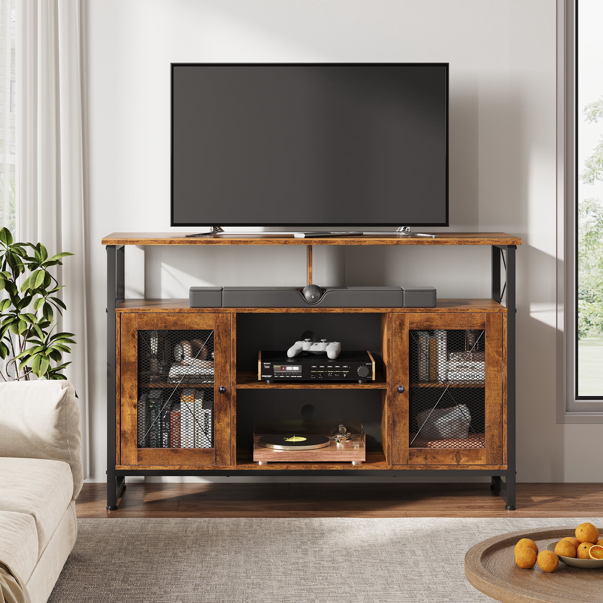 GALAXHERO Tall TV Stand for TVs up to 55", Farmhouse Industrial Entertainment Center with Storage, Media Console for Living Room Bedroom Rustic Brown